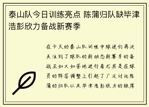泰山队今日训练亮点 陈蒲归队缺毕津浩彭欣力备战新赛季