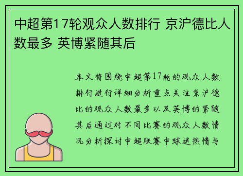 中超第17轮观众人数排行 京沪德比人数最多 英博紧随其后