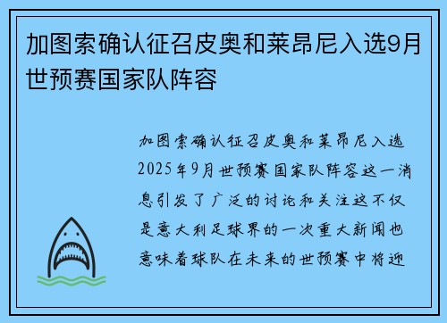 加图索确认征召皮奥和莱昂尼入选9月世预赛国家队阵容