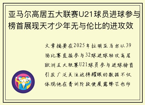 亚马尔高居五大联赛U21球员进球参与榜首展现天才少年无与伦比的进攻效率